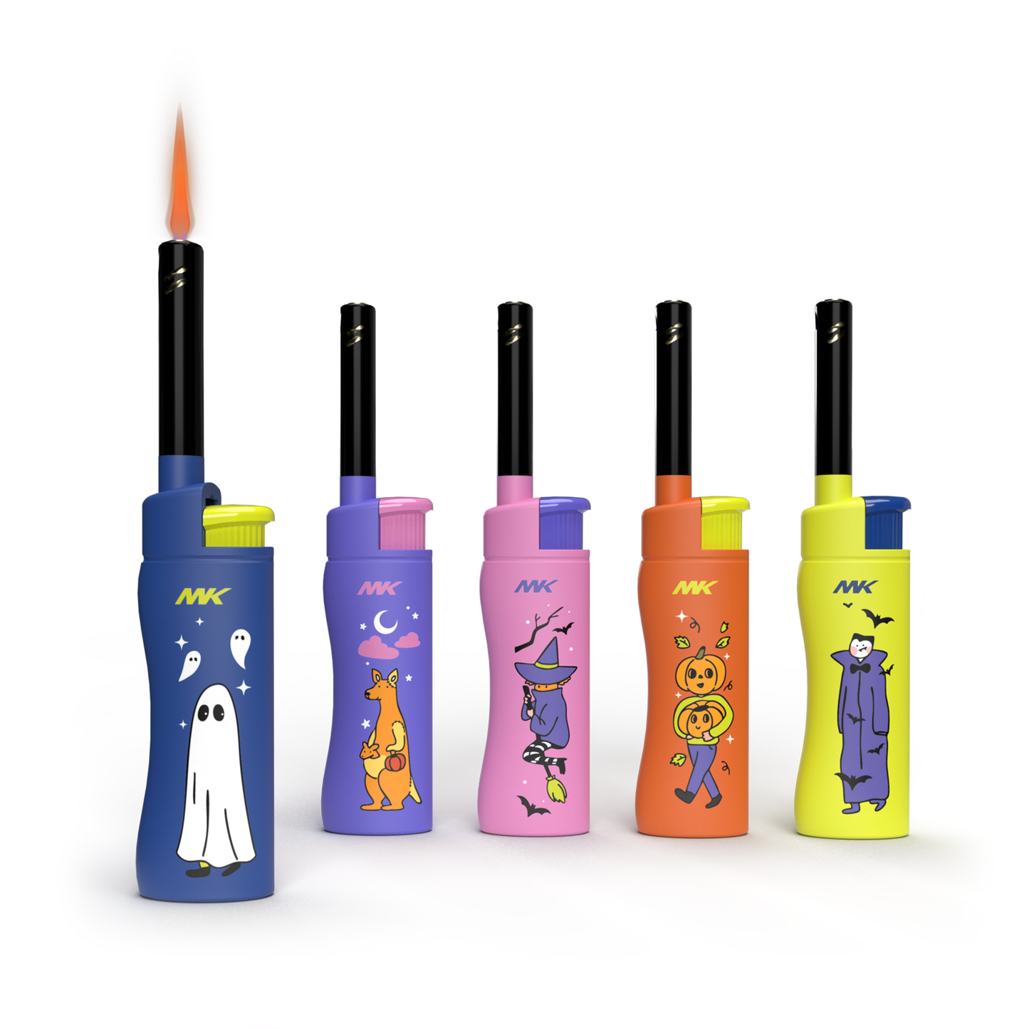 MK Lighter Collector’s Edition Refillable Candle – Multipurpose Jet Flame Butane with Long Wand for Indoor & Outdoor Use Gift Couples Friends Family (Trick or Treat-5PC)