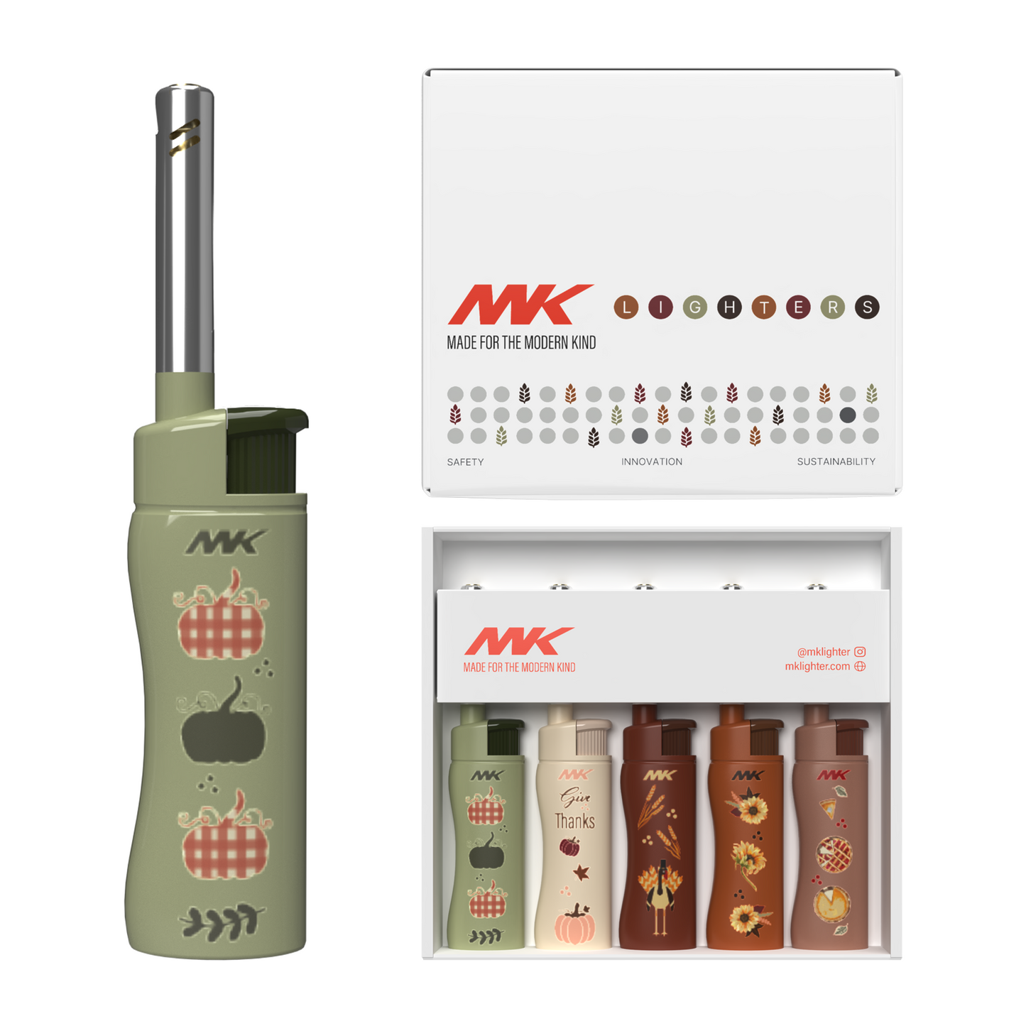MK Lighter Collector’s Edition Refillable Candle – Multipurpose Jet Flame Butane with Long Wand for Indoor & Outdoor Use Gift Couples Friends Family (Harvest-5PC)