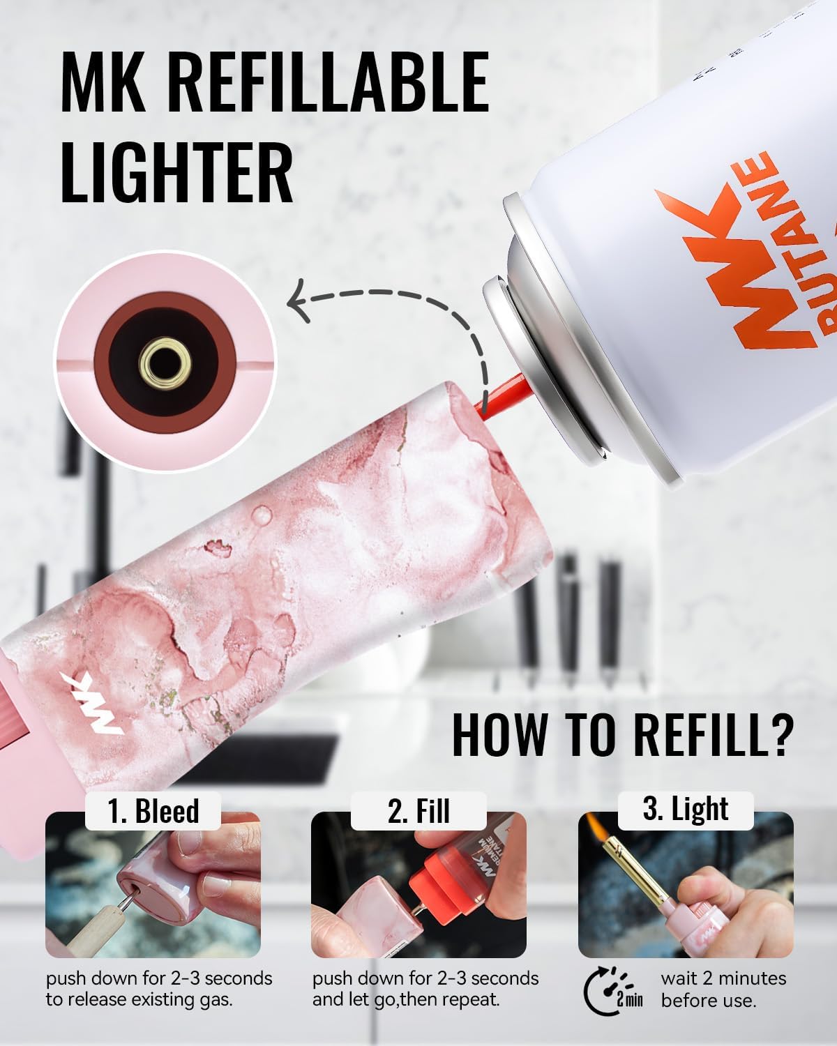 5pc MK Lighter Refillable Butane Lighters – Windproof Torch Flame, Multipurpose Jet Flame Butane with Long Wand for Indoor & Outdoor Use Gift Couples Friends Family (Marble - 5PCS)