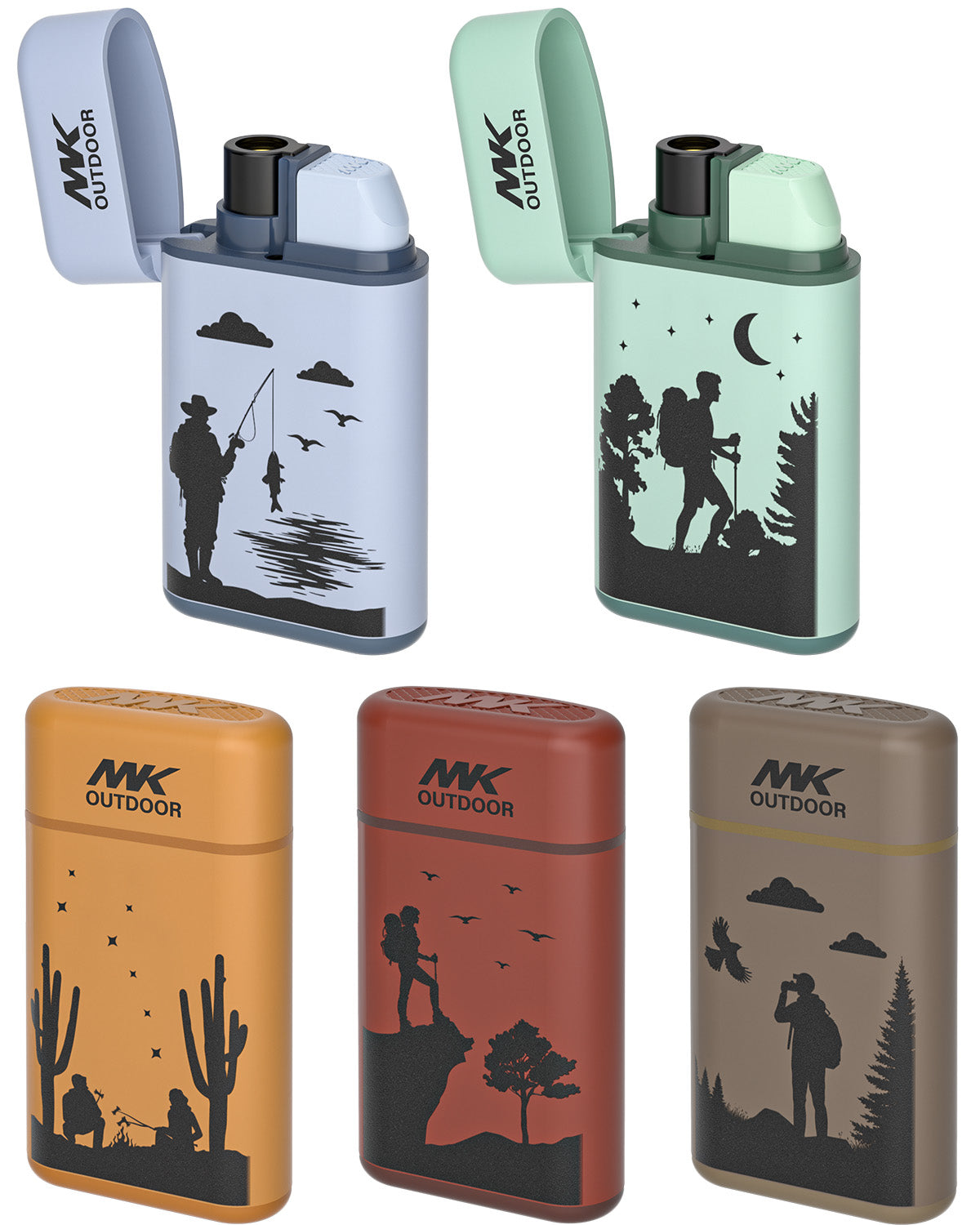 MK Lighter Outdoor Series Camper 5-Pack Assorted Designs, Refillable Butane Tank, Torch Flame, Prepping & Camping Supplies, Survival Lighters (Wild Spirit 5PC)