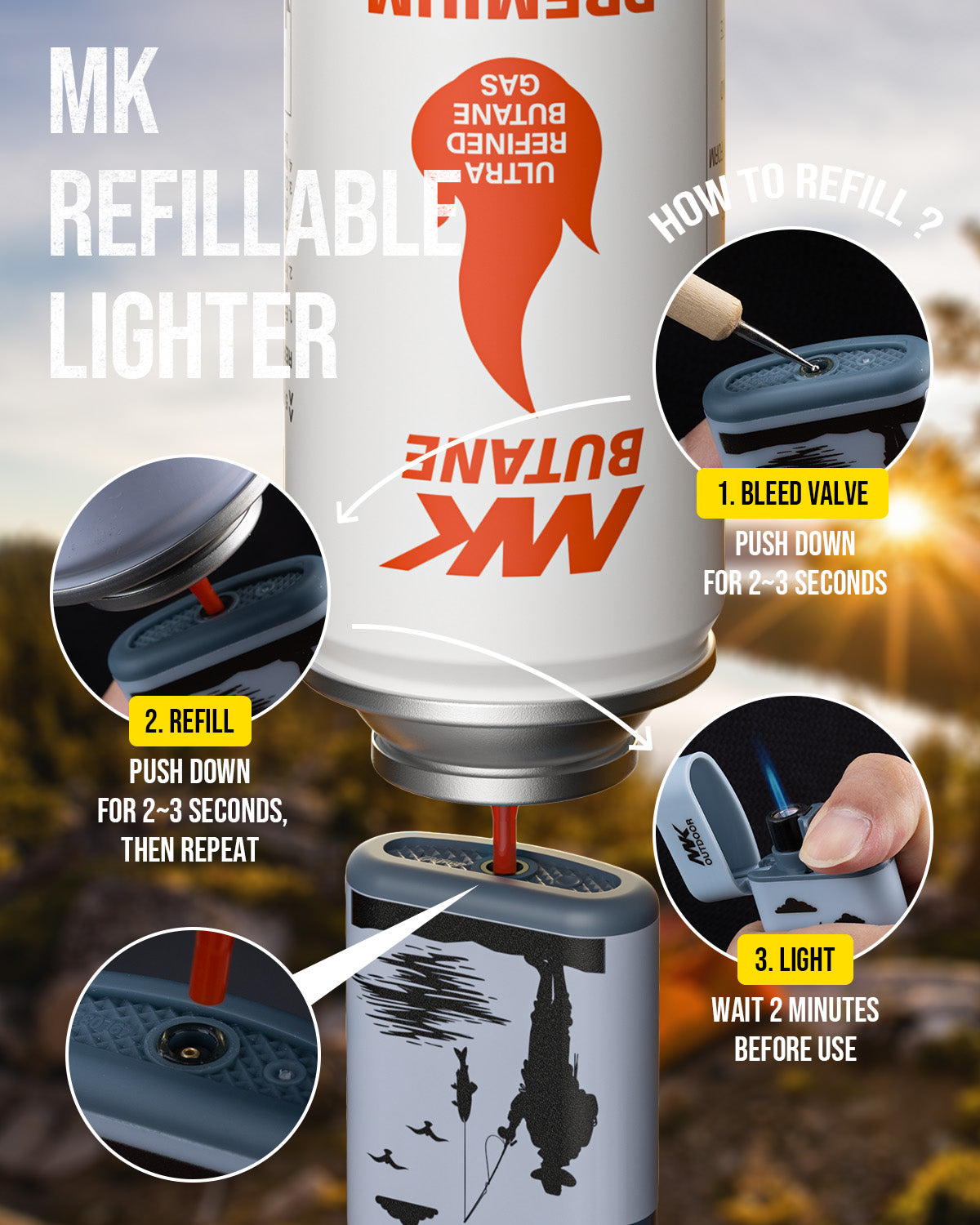 MK Lighter Outdoor Series Camper 5-Pack Assorted Designs, Refillable Butane Tank, Torch Flame, Prepping & Camping Supplies, Survival Lighters (Wild Spirit 5PC)