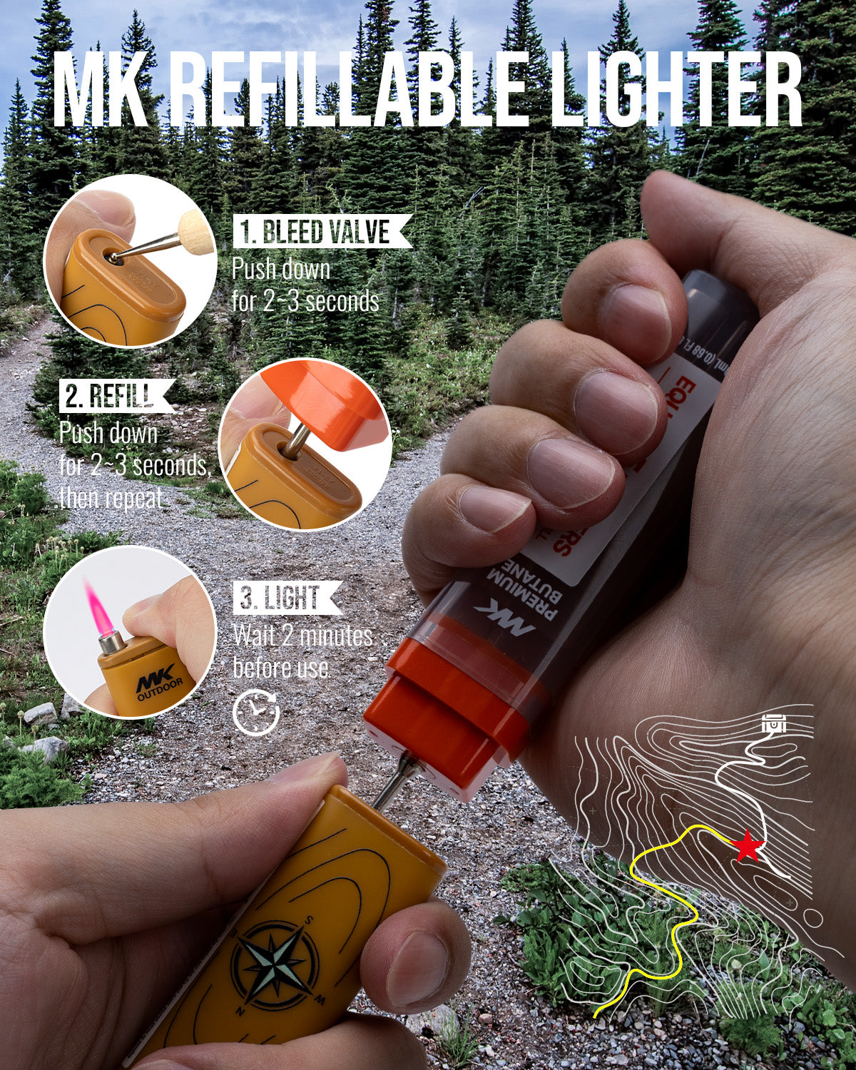 MK Lighter Outdoor Series Alpine Set 5-Pack Assorted Design Multipurpose Refillable, Windproof Flame, Slip Guard Candle & BBQ, Prepping & Camping Supplies, Survival Lighters (Trail Blazer 5PC)