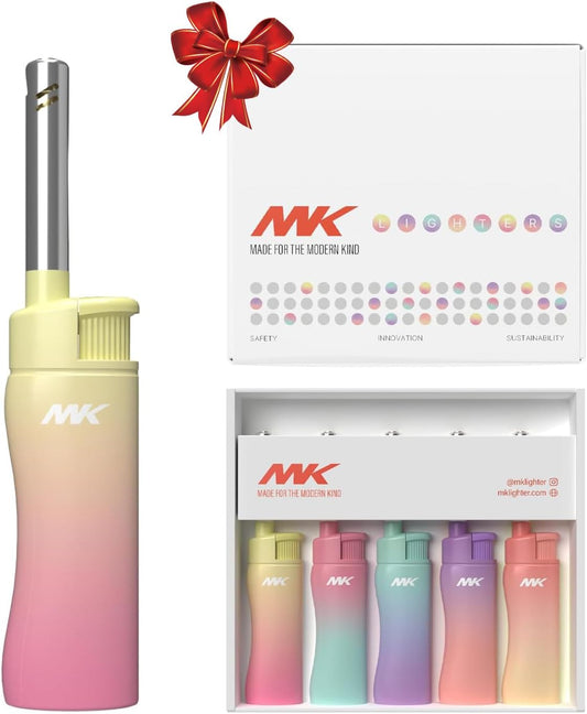 MK Lighter 珍藏版可重复填充蜡烛点火器 – 多功能喷射火焰丁烷打火机，带长杆，适用于室内外使用，送情侣、朋友、家人（梦幻-5件套）