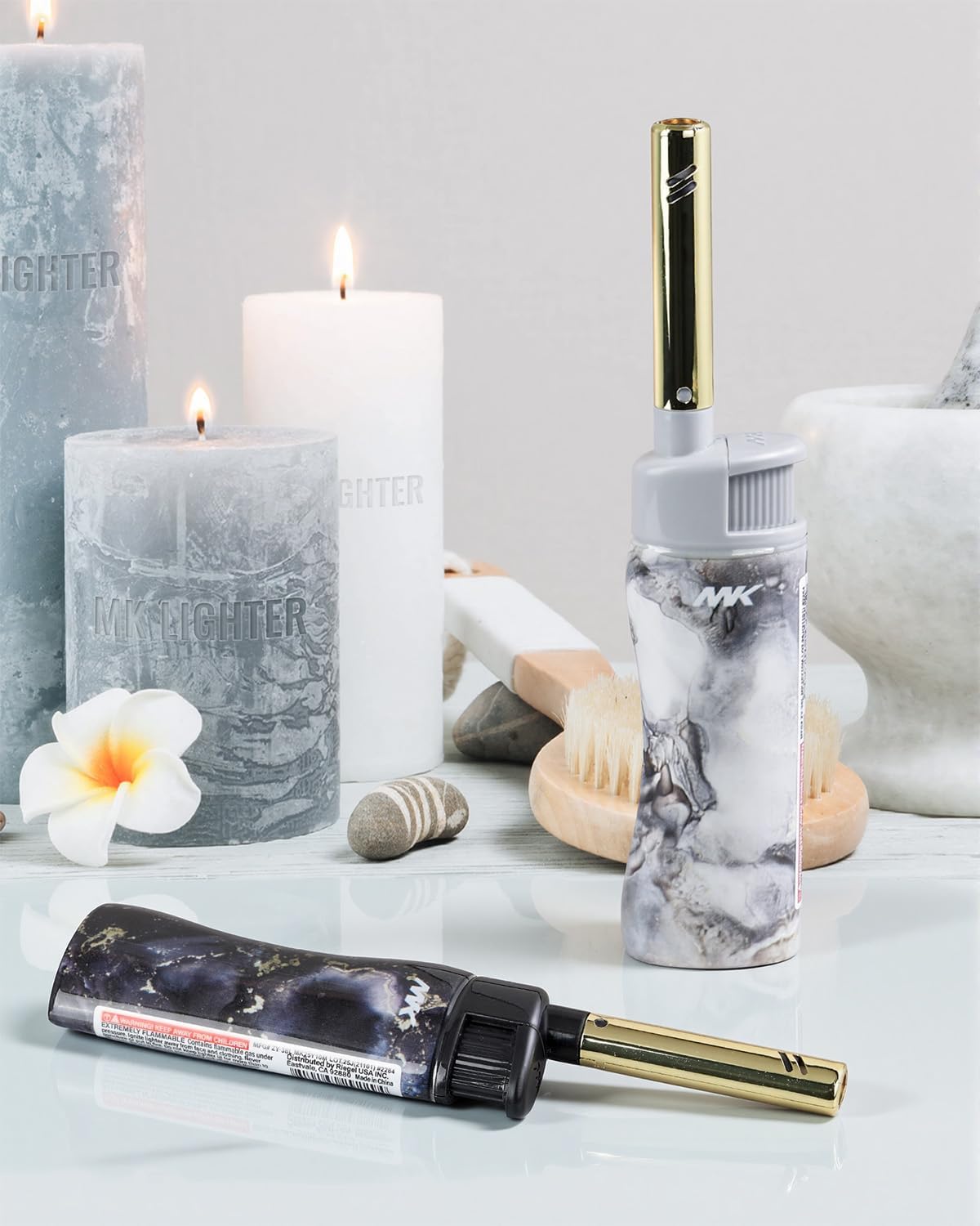 5pc MK Lighter Refillable Butane Lighters – Windproof Torch Flame, Multipurpose Jet Flame Butane with Long Wand for Indoor & Outdoor Use Gift Couples Friends Family (Marble - 5PCS)