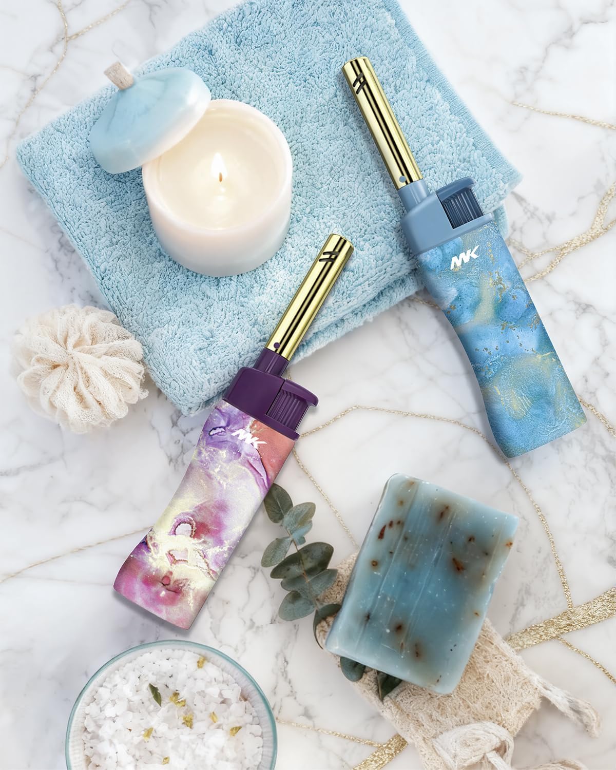 5pc MK Lighter Refillable Butane Lighters – Windproof Torch Flame, Multipurpose Jet Flame Butane with Long Wand for Indoor & Outdoor Use Gift Couples Friends Family (Marble - 5PCS)