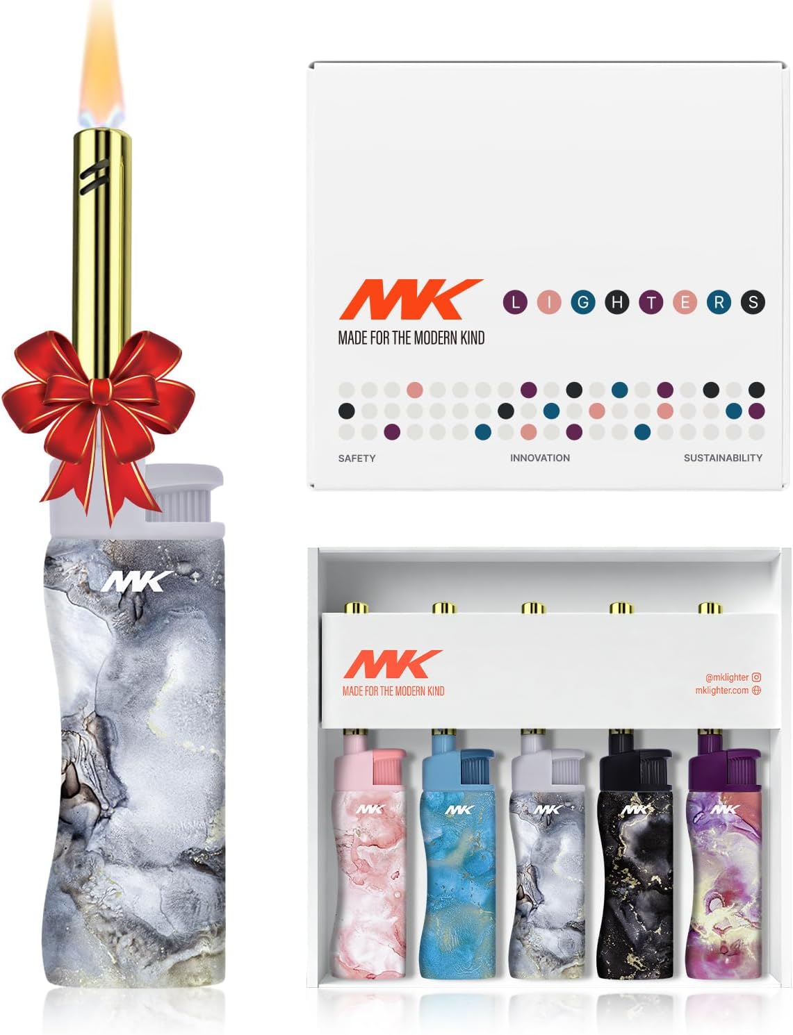 5pc MK Lighter Refillable Butane Lighters – Windproof Torch Flame, Multipurpose Jet Flame Butane with Long Wand for Indoor & Outdoor Use Gift Couples Friends Family (Marble - 5PCS)