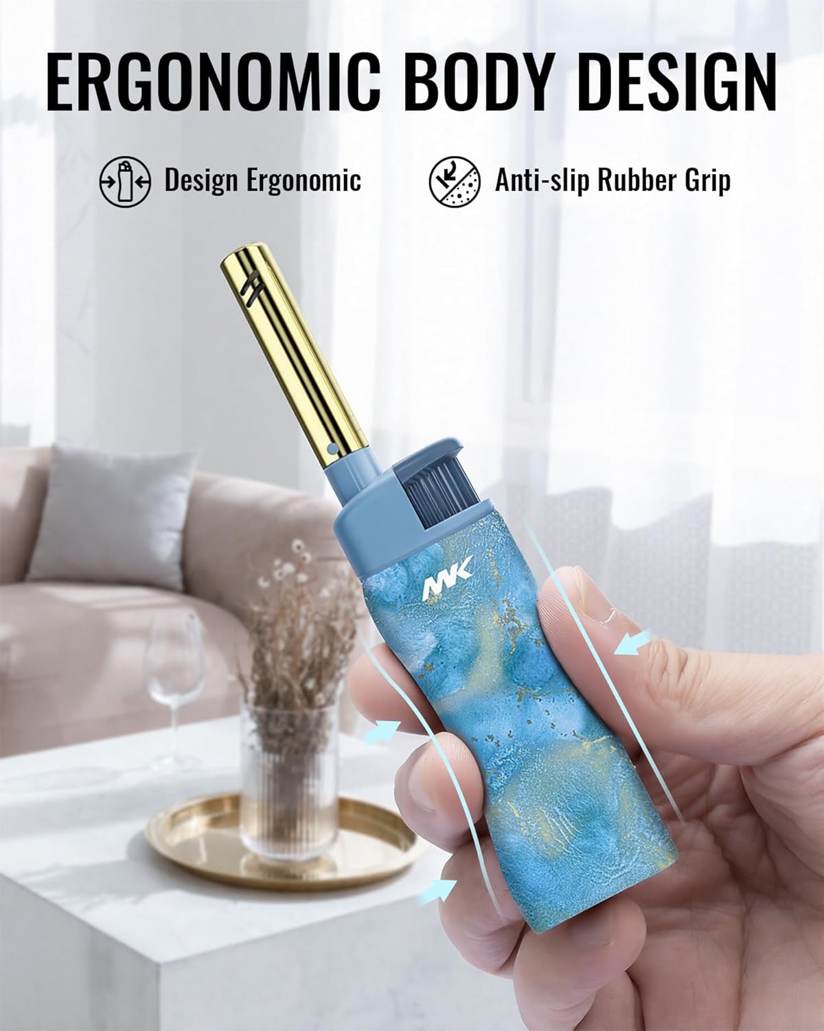 5pc MK Lighter Refillable Butane Lighters – Windproof Torch Flame, Multipurpose Jet Flame Butane with Long Wand for Indoor & Outdoor Use Gift Couples Friends Family (Marble - 5PCS)