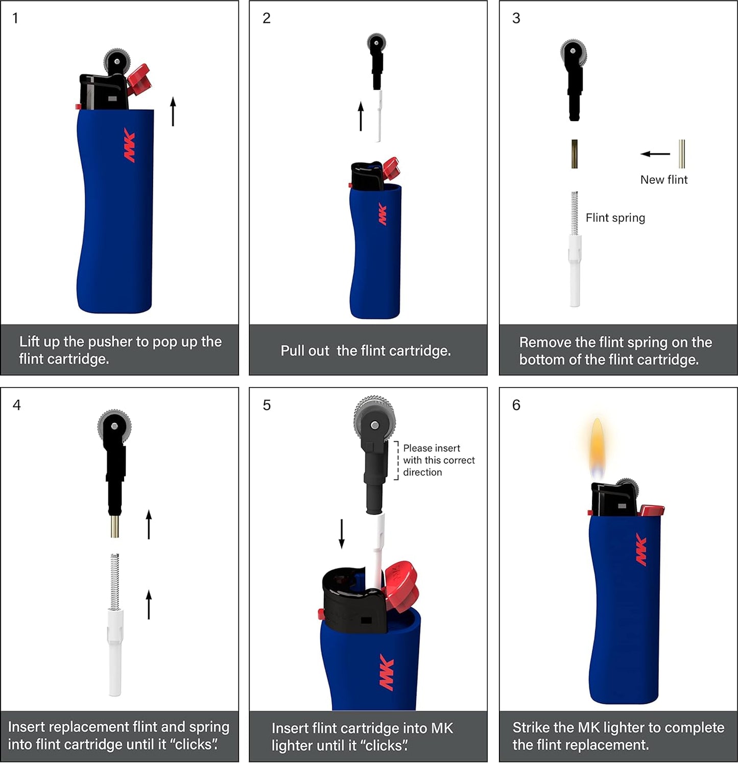 MK Lighter 9G Flint Strike Refillable Lighters with 2 Replace Flints (Tone Set-4pcs)