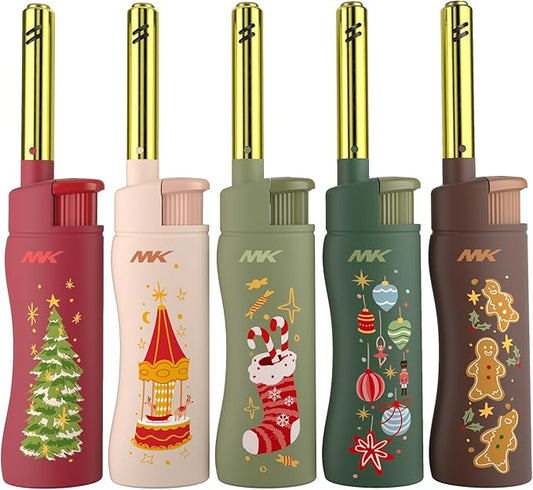 MK Lighter Collector’s Edition Refillable Candle – Multipurpose Jet Flame Butane with Long Wand for Indoor & Outdoor Use Gift Couples Friends Family (Warm Wishes-5PC)