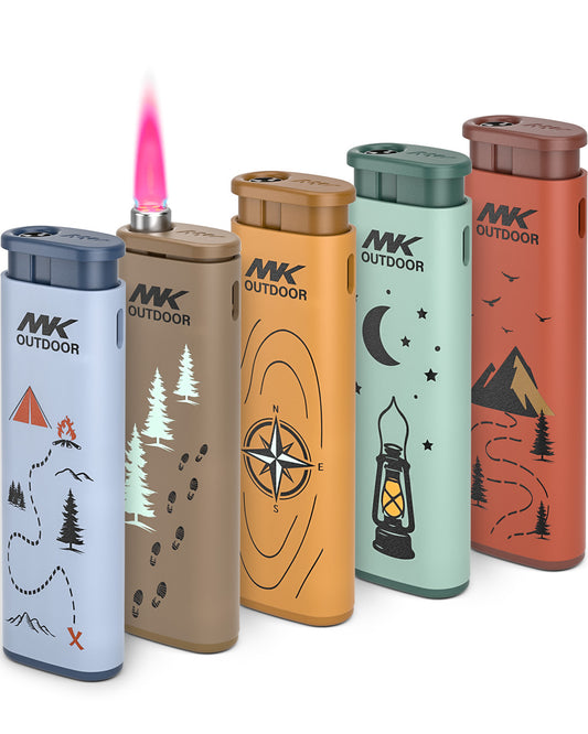 MK Lighter Outdoor Series Alpine Set 5-Pack Assorted Design Multipurpose Refillable, Windproof Flame, Slip Guard Candle & BBQ, Prepping & Camping Supplies, Survival Lighters (Trail Blazer 5PC)